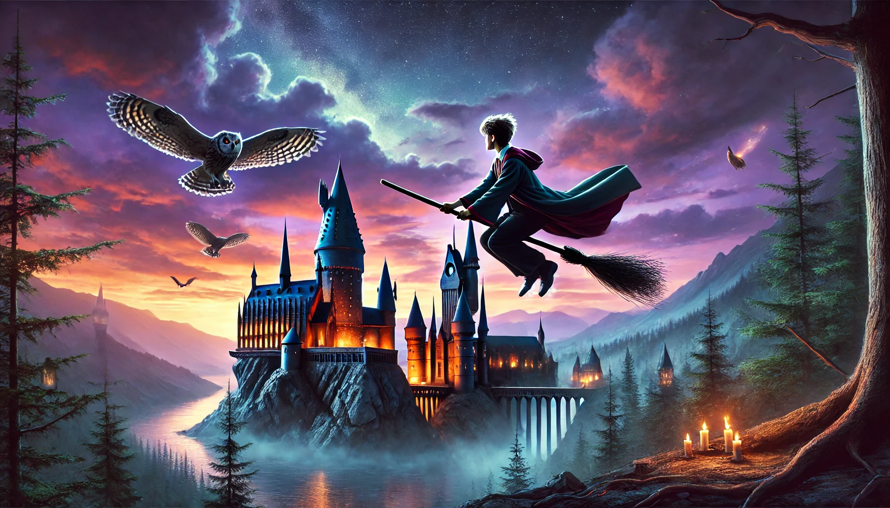 Flying a broomstick over Hogwarts